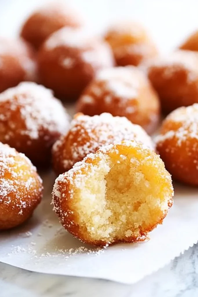 Golden, biteโsized pastries dusted with powdered sugar on parchment paper