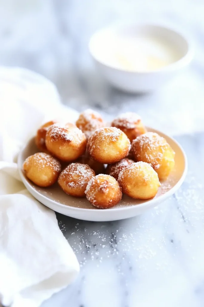 Sugary fried pastries stacked together, showcasing their airy texture