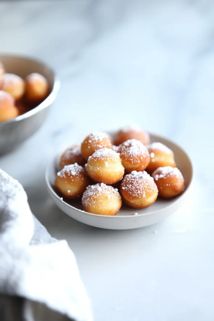 Pile of warm, round pastries with light sugar coating, ready to serve