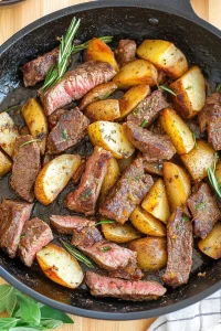 Rustic comfort food presentation with steak, potatoes, and fresh herbs.