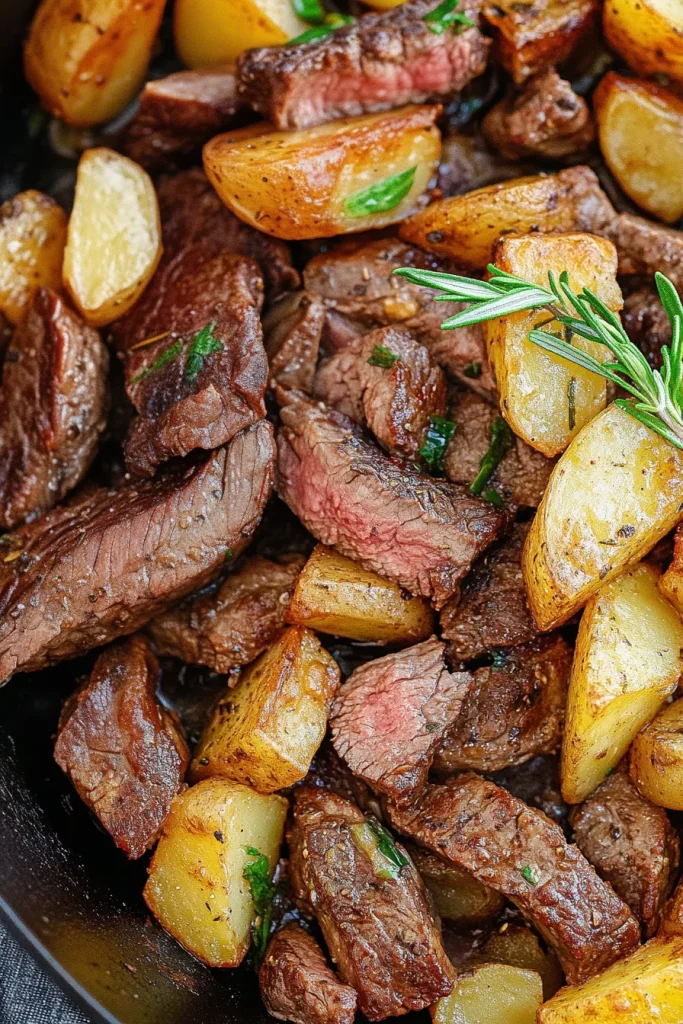 Hearty skillet meal showing tender beef, browned potatoes, and chopped parsley.