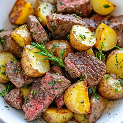 Bowl of seared steak pieces with golden roasted baby potatoes and fresh rosemary garnish.