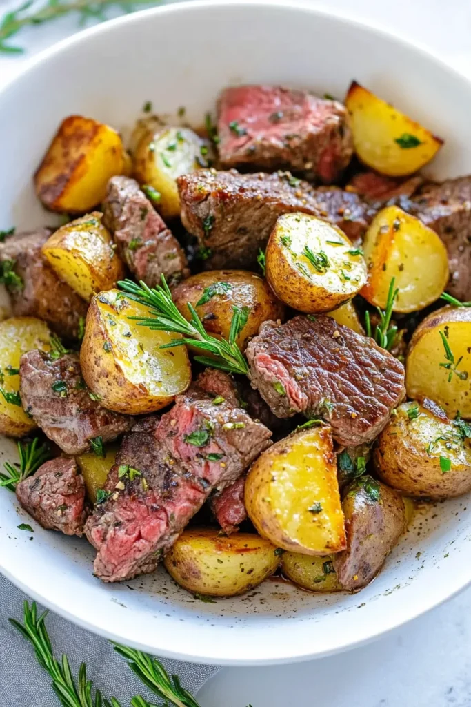 Bowl of seared steak pieces with golden roasted baby potatoes and fresh rosemary garnish.