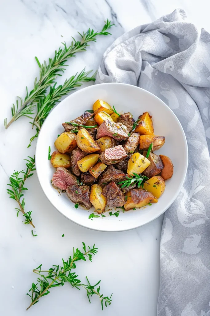 Final plated shot highlighting juicy steak cubes and golden potato wedges.