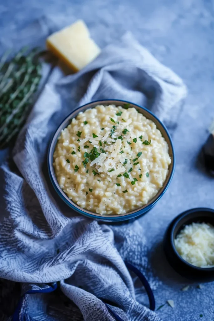 Smooth, golden risotto highlighting its creamy texture and delicate herb finish.