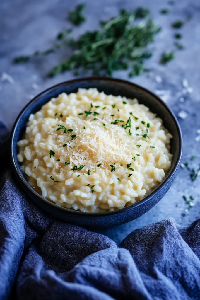 Classic Italian risotto served in a rustic bowl, garnished with parsley for color.