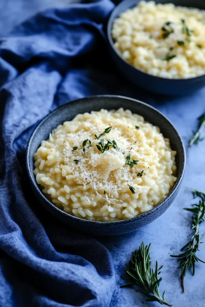 A creamy bowl of risotto topped with freshly grated Parmesan and green herbs.