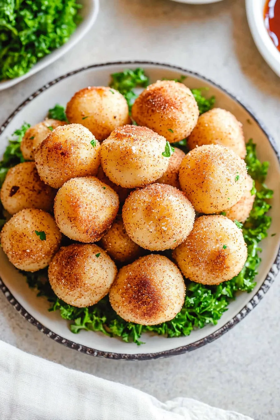 Plate of round, golden appetizers arranged in a pyramid style.