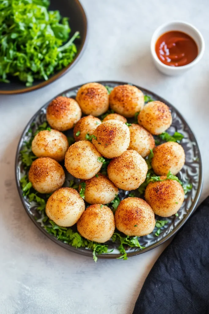 Crispy potato snacks served with herbs and dipping sauce nearby.