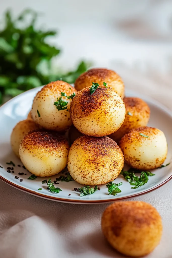 Stack of golden, crispy biteโsized potato balls on fresh herbs.