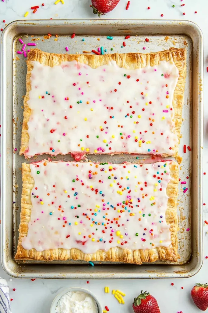 Pastry slice showing vibrant red jam inside, icing layer glistening under soft light.