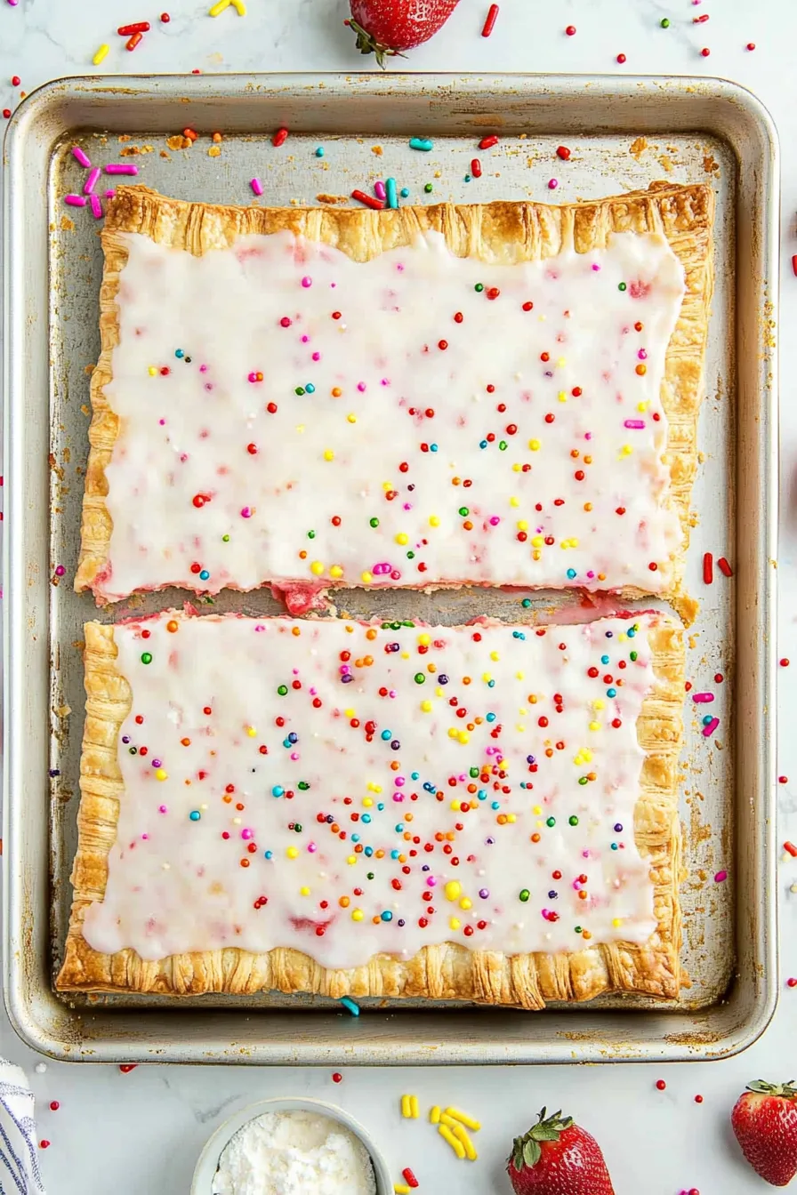 Pastry slice showing vibrant red jam inside, icing layer glistening under soft light.
