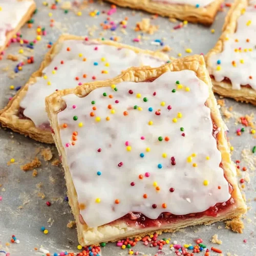 Golden pastry topped with white icing and rainbow sprinkles, sliced to reveal strawberry filling.
