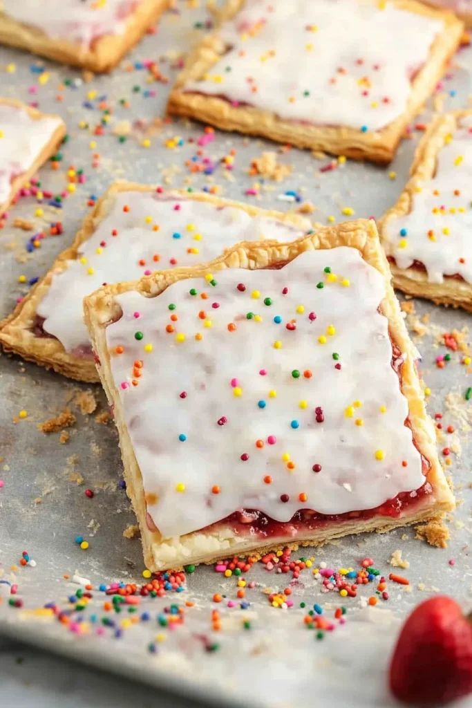 Golden pastry topped with white icing and rainbow sprinkles, sliced to reveal strawberry filling.