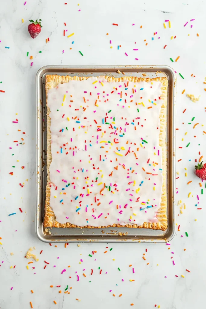Decorated pastry with sprinkles, placed beside fresh strawberries for a bright finishing touch.