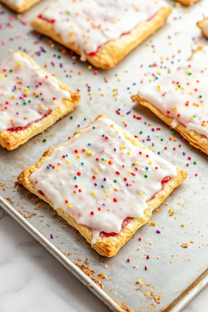 Large rectangular pastry on a baking sheet, crumbs and sprinkles surrounding the finished dessert.