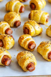 Close-up of crisp pastry blankets around mini sausages, highlighting texture and color.