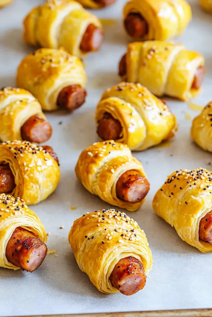 Close-up of crisp pastry blankets around mini sausages, highlighting texture and color.