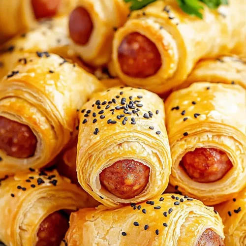 Freshly baked bite-sized sausages in flaky pastry arranged neatly with parsley garnish.