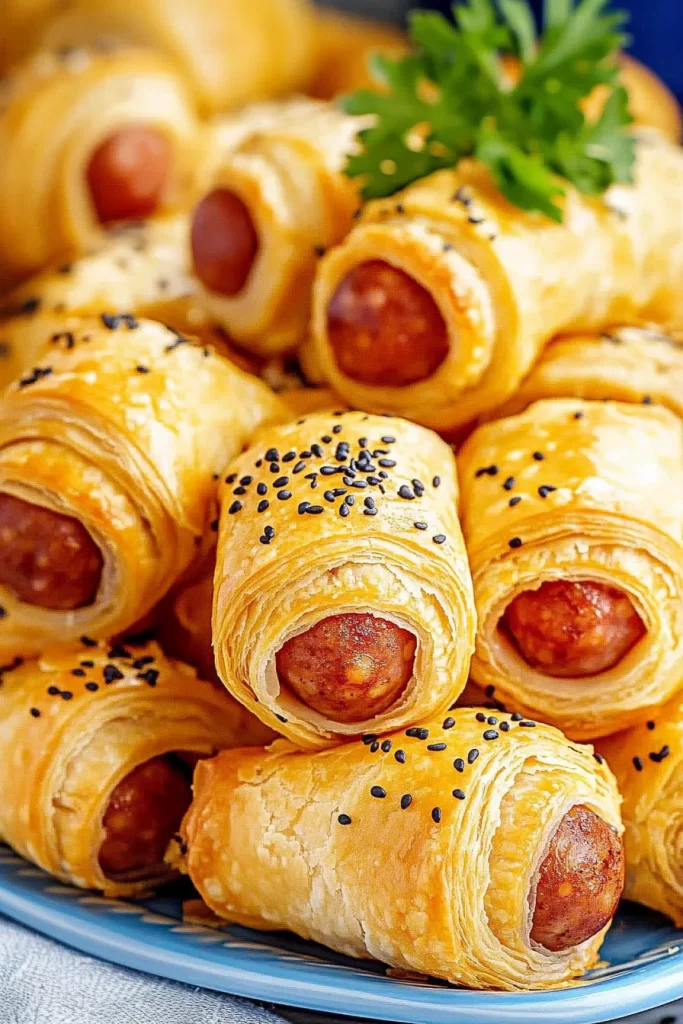Freshly baked bite-sized sausages in flaky pastry arranged neatly with parsley garnish.