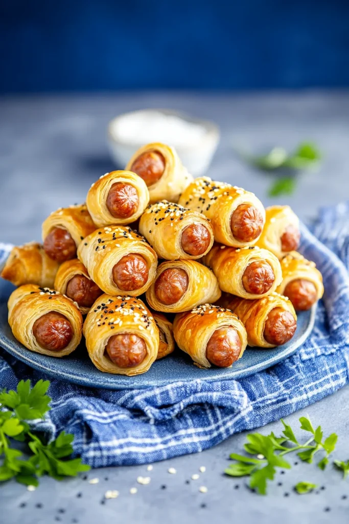 Golden puff pastry-wrapped sausages topped with sesame seeds on a serving plate.