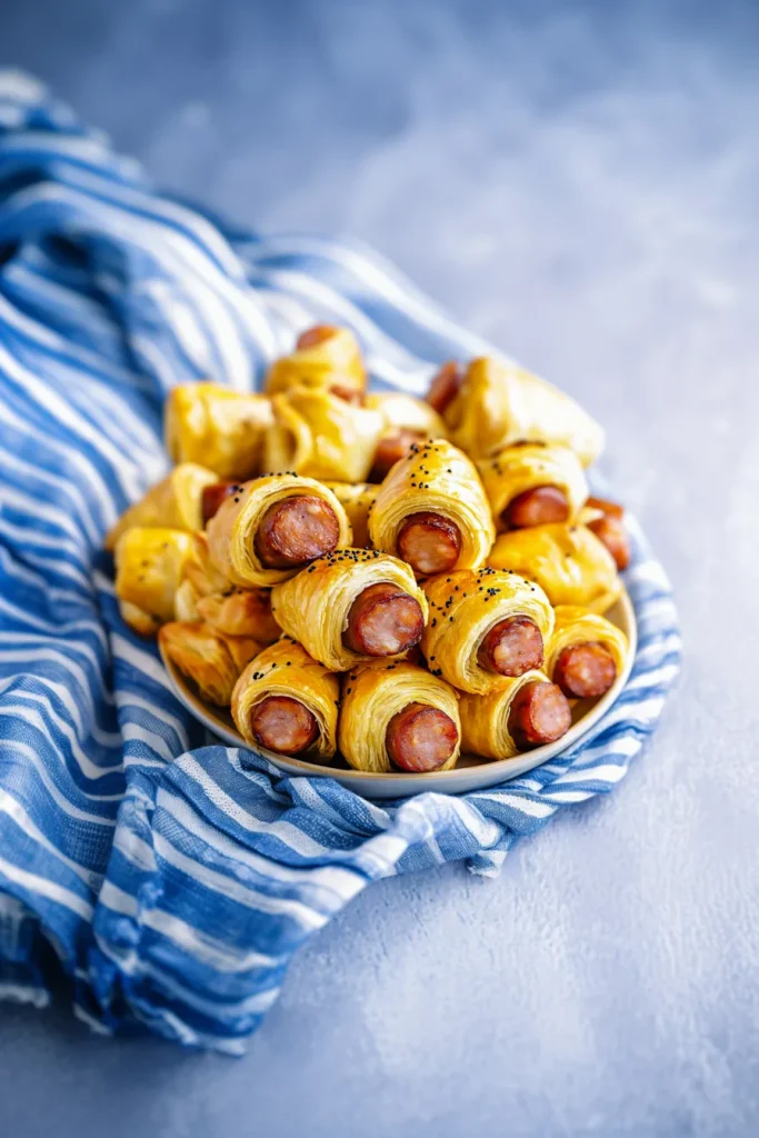Party-ready platter of warm pastry-wrapped sausages with glossy finish.