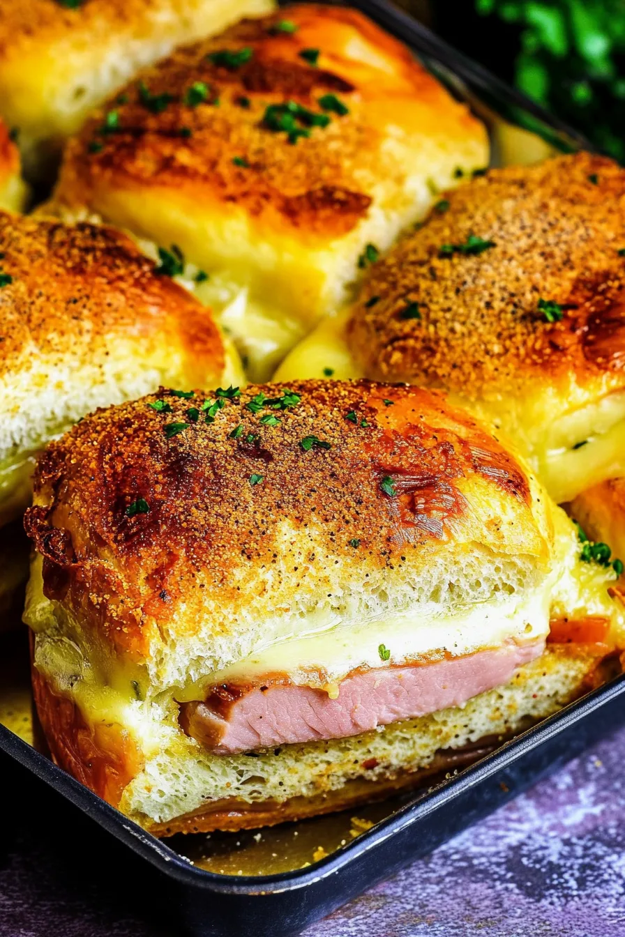 Hearty ham and cheese melt with browned crust and herbs sprinkled around.