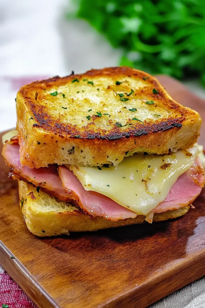 Comfort food scene featuring a cheesy sandwich with layers of ham and toasted bread.