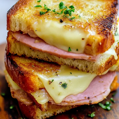 Stacked grilled sandwich with golden toasted bread, melted cheese, and sliced ham.