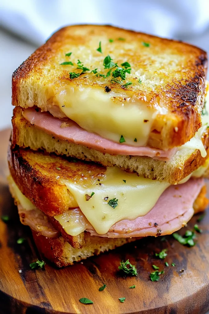 Stacked grilled sandwich with golden toasted bread, melted cheese, and sliced ham.