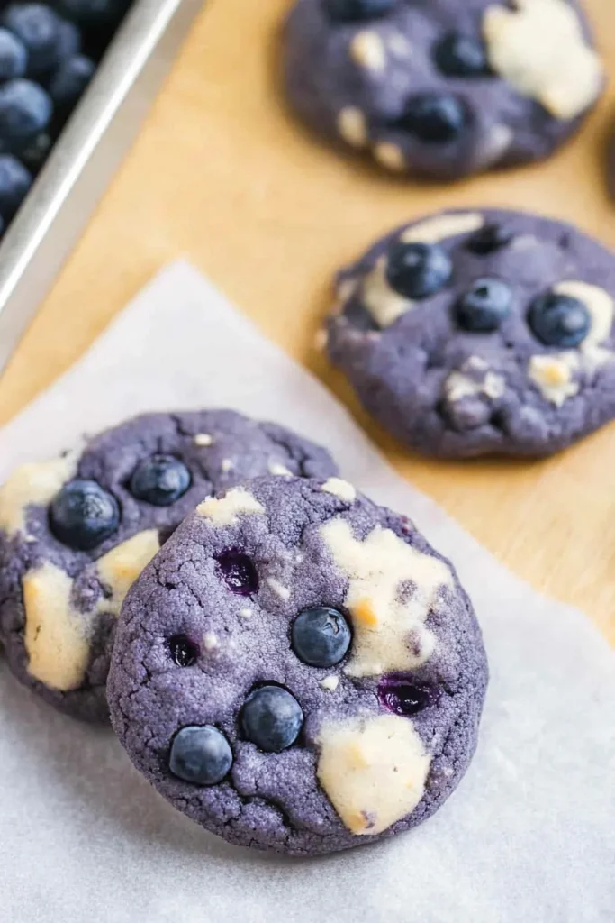 Round purple cookies with embedded blueberries on parchment paper.