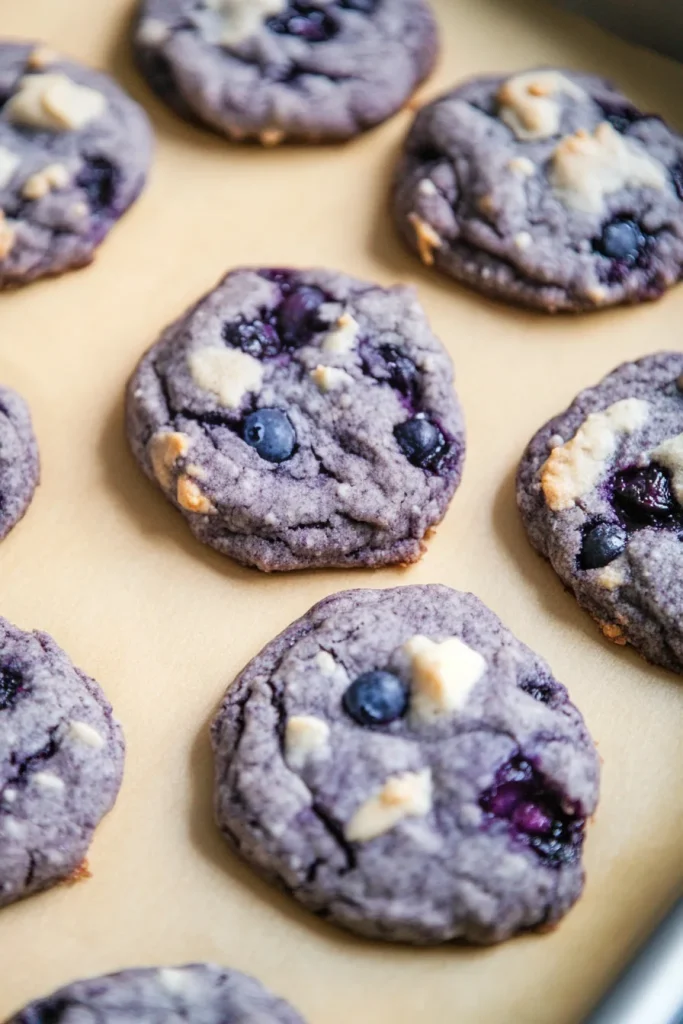 Healthy frozen blueberry cookies with rich purple color and creamy accents.