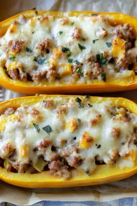 Warm, rustic presentation of baked squash boats filled with sausage and herbs, fresh from the oven.