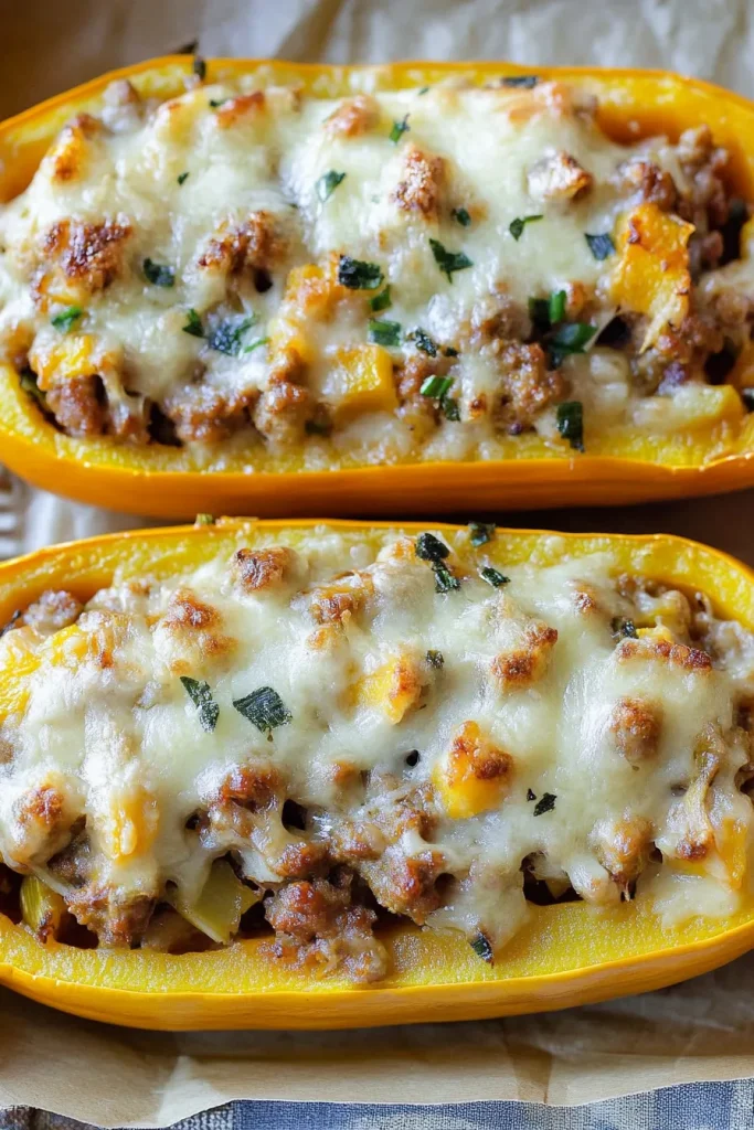 Warm, rustic presentation of baked squash boats filled with sausage and herbs, fresh from the oven.