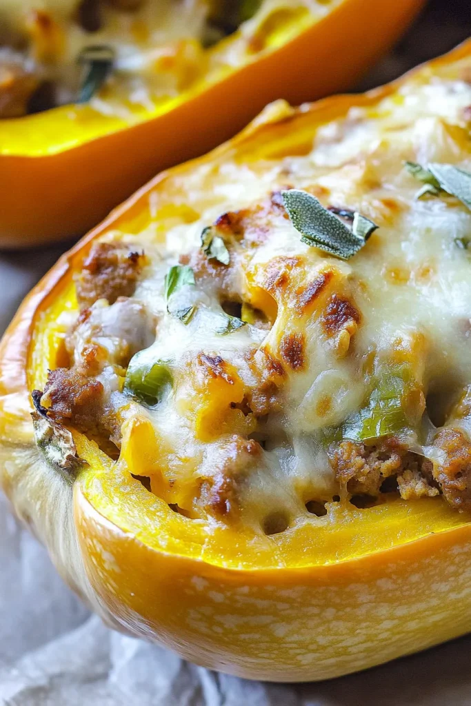 Close-up of baked stuffed squash showing browned cheese and hearty filling on a parchment-lined tray.