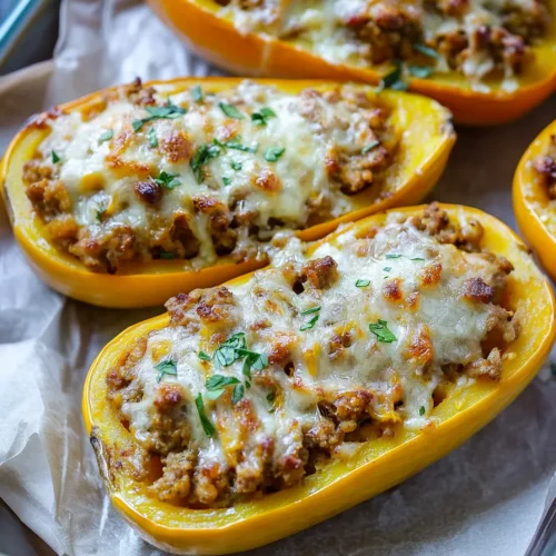 Plated serving of stuffed squash with sausage mixture and crisp herb topping, ready to eat.