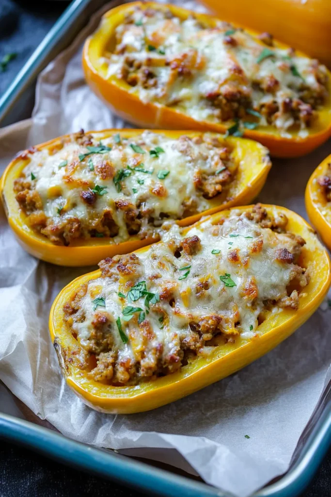 Plated serving of stuffed squash with sausage mixture and crisp herb topping, ready to eat.