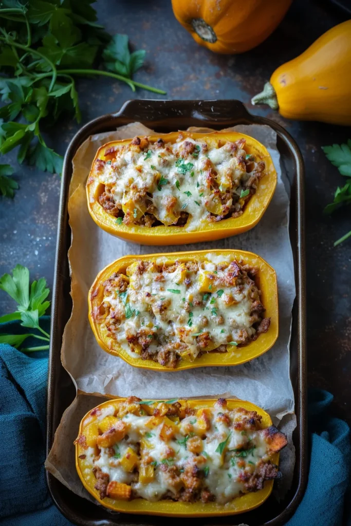 Golden roasted squash halves filled with savory sausage and melted cheese, garnished with fresh herbs.