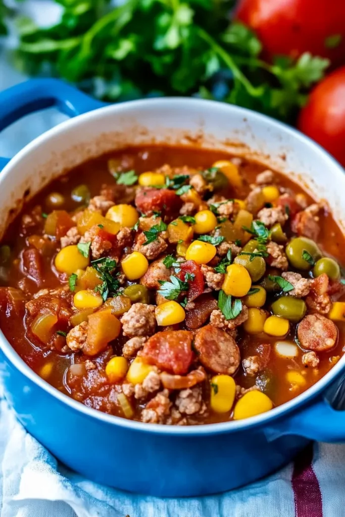 A rustic bowl brimming with sausage, beans, and vegetables in a rich tomato broth.