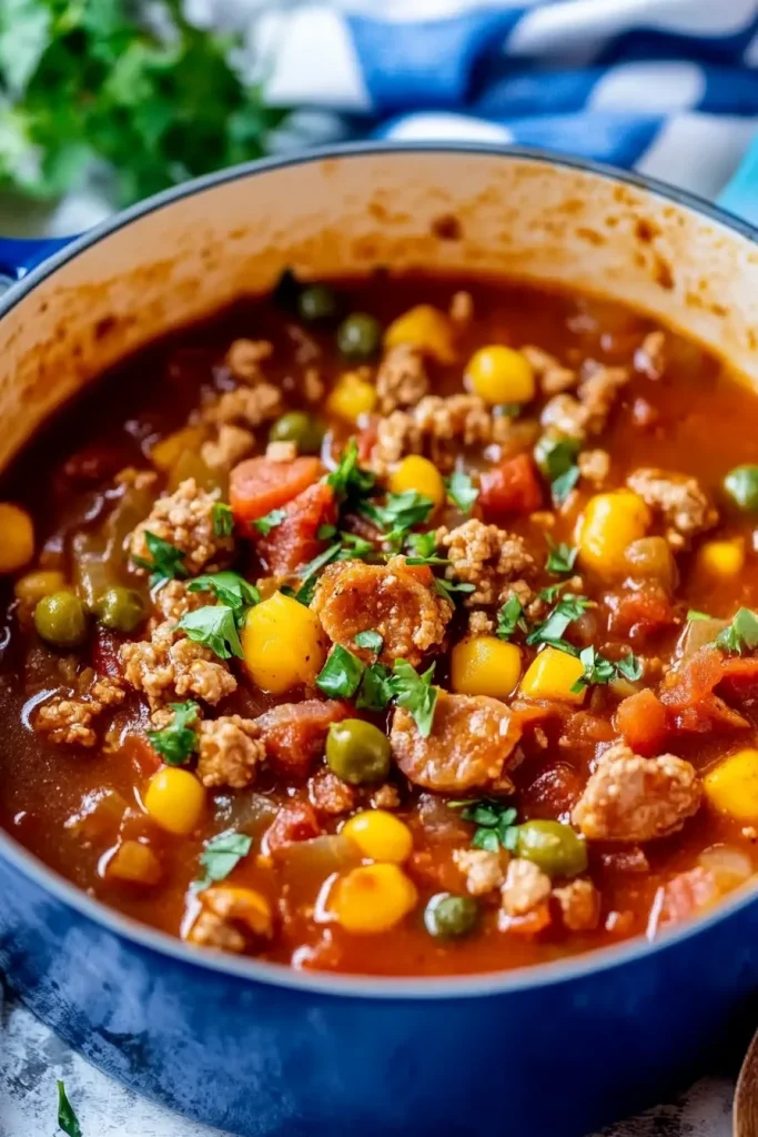 Warm, homemade stew filled with sausage slices, beans, and tomatoes, captured in natural light.