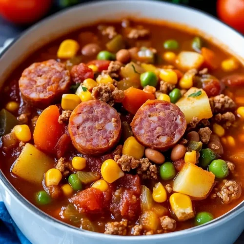 A generous serving of cowboy-style stew, showcasing tender meat and vibrant vegetables.