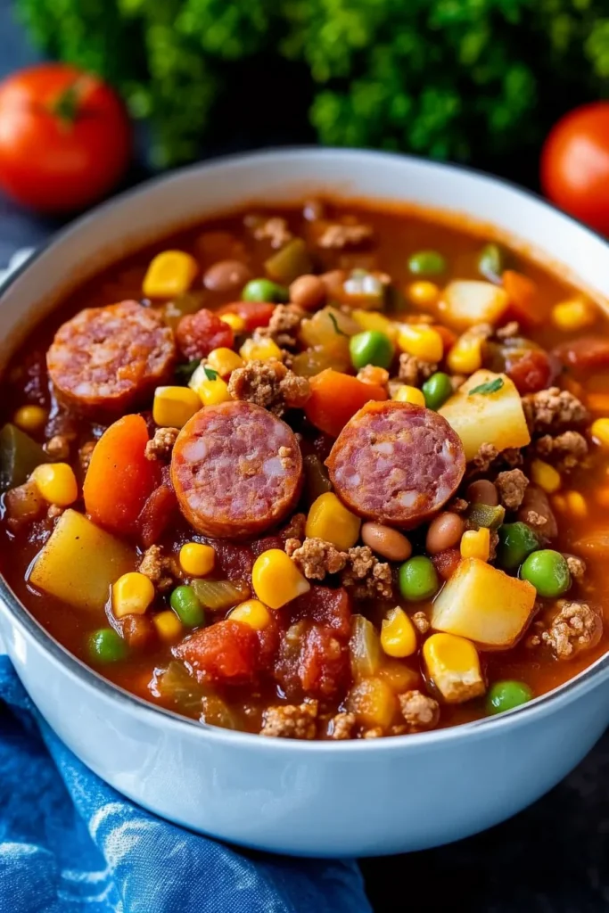 A generous serving of cowboy-style stew, showcasing tender meat and vibrant vegetables.