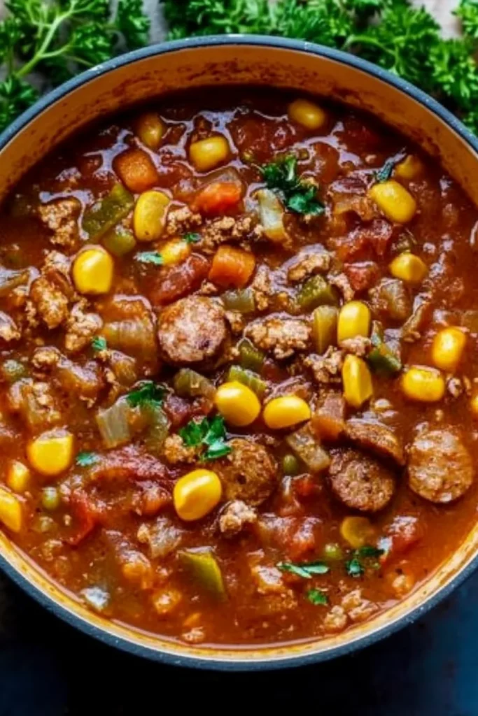Final shot of a comforting stew, its chunky ingredients and reddish broth highlighting a wholesome meal.