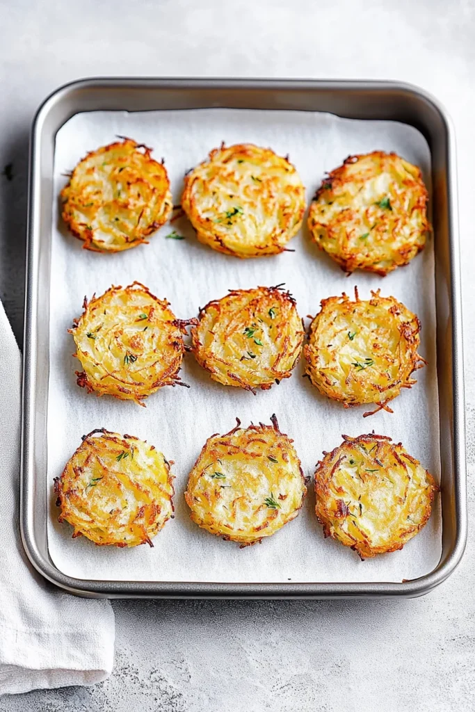 Homemade hash browns showing flecks of herbs and rustic texture.