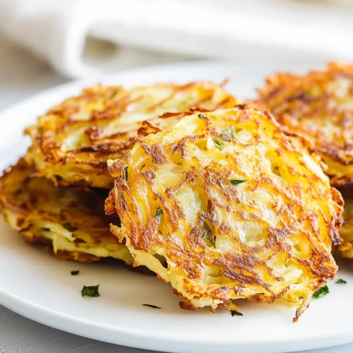 Stack of crispy golden potato pancakes on a white plate.