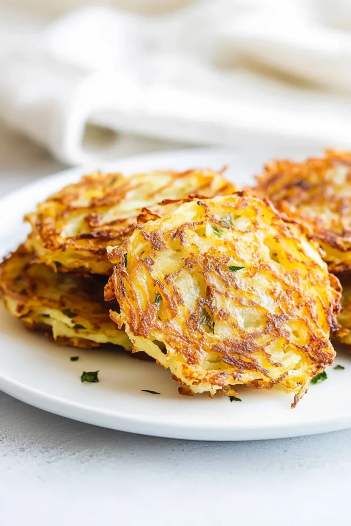 Stack of crispy golden potato pancakes on a white plate.