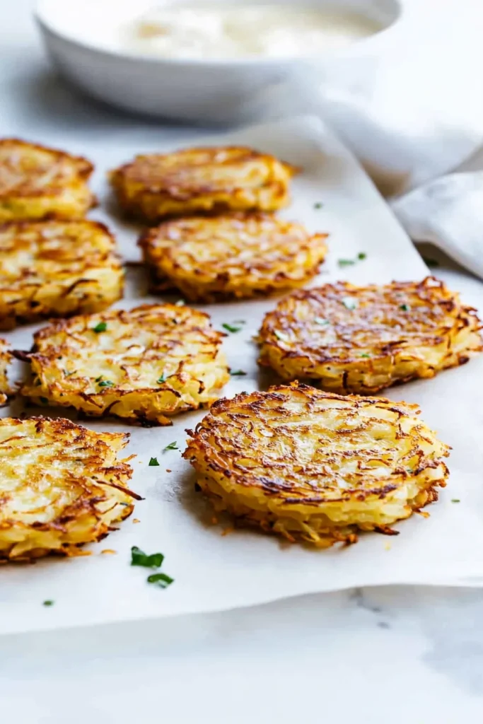 Final presentation of hash browns with a soft cloth background.