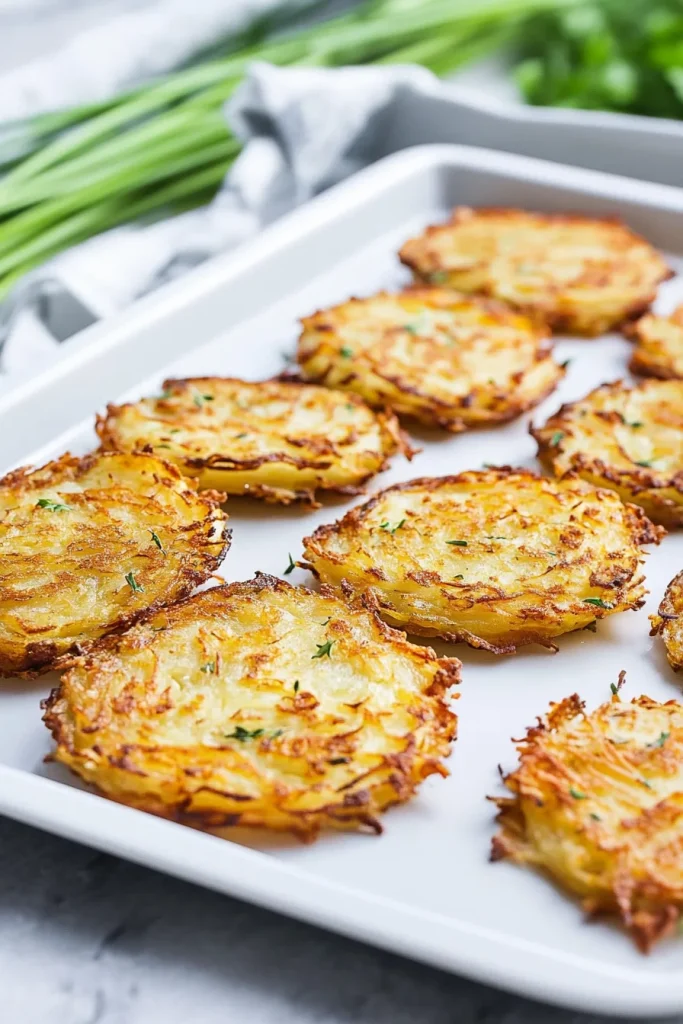 Crispy potato cakes arranged neatly, highlighting their golden crust.