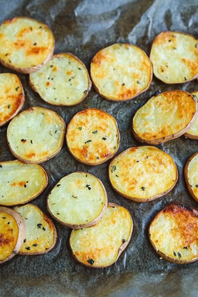 Glossy roasted potatoes highlighting their golden texture and seasoning.