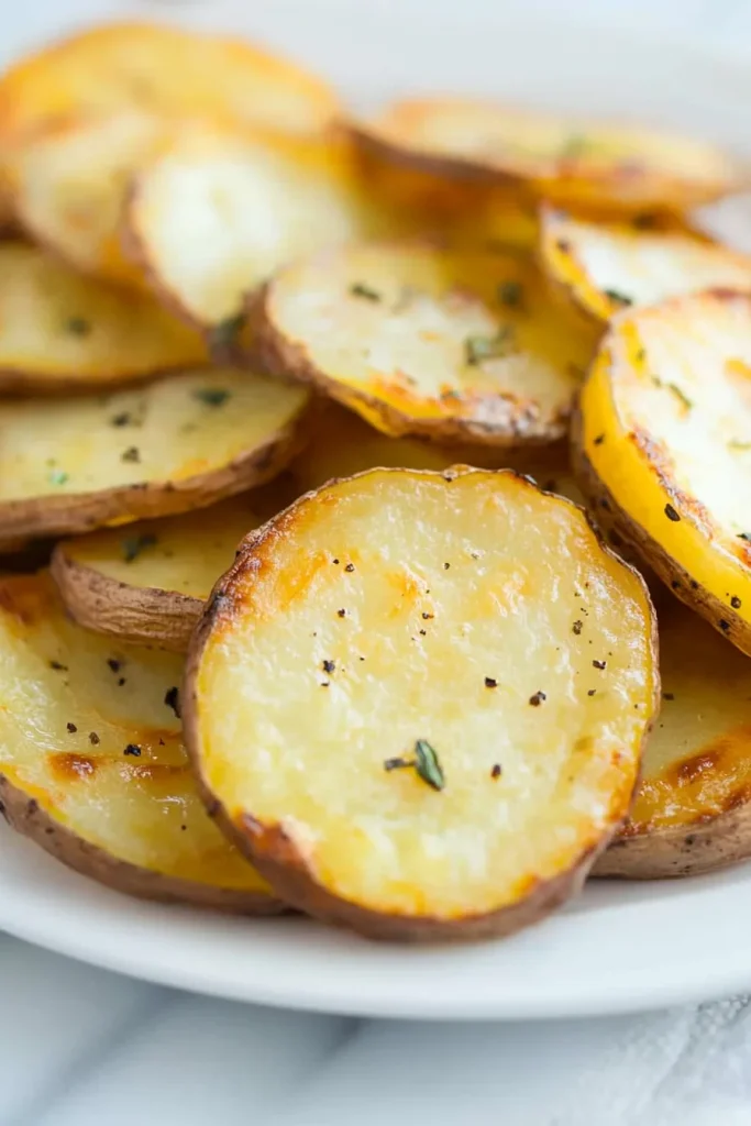 Final dish of oven-baked potato slices with crisp edges and soft centers.